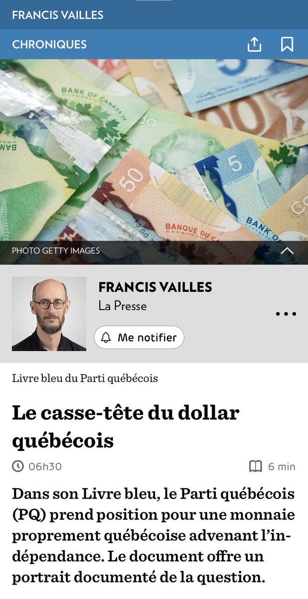 GaCoulombe's tweet photo. J’ai lu avec beaucoup d’intérêt la dernière chronique de Francis Vailles, qui aborde la question monétaire d’un Québec indépendant, tel que nous l’avons détaillé dans le Livre bleu. À mes yeux, il s’agit de l’analyse la plus rigoureuse publiée dans les grands médias sur la question.

Là où je nuancerais certaines critiques adressées au Livre bleu, c’est lorsqu’on invoque les exemples de l’Estonie, de la Slovaquie, de la Slovénie ou du Danemark pour remettre en question la pertinence d’une monnaie québécoise.

À mon sens, ces exemples démontrent plutôt l’inverse. Que certains de ces pays aient ensuite adopté l’euro, ou que le Danemark ait choisi d’arrimer sa monnaie à celui-ci, ne remet pas en cause leur capacité à avoir créé et administré leur propre monnaie. Il s’agit de deux questions distinctes.

L’Estonie, la Slovaquie, la Slovénie, la Lettonie, la Lituanie et la Croatie ont d’abord démontré qu’elles étaient capables de créer une banque centrale crédible, d’émettre une monnaie nationale et de mener une politique monétaire autonome. L’adoption ultérieure de l’euro relevait d’un choix souverain, et non pas d’un échec.

Le cas du Danemark est tout aussi révélateur. Il possède toujours sa propre monnaie et sa propre banque centrale, tout en conservant le pouvoir de modifier son régime de change ou d’y mettre fin. Le fait qu’il choisisse aujourd’hui de maintenir une parité avec l’euro n’enlève rien à sa souveraineté monétaire.

Au fond, la véritable question n’est pas de savoir si un État conserve éternellement le même régime monétaire, mais s’il est libre de le choisir. Les exemples européens montrent que oui. Le Québec, comme province canadienne, ne dispose pas de cette liberté, et c’est à ce problème précis que nous cherchons à remédier par l’indépendance. La souveraineté n’impose pas une monnaie, elle donne le droit d’en choisir une. Elle transforme une décision subie et imposée par un choix démocratique conçu par nous, et pour nous.