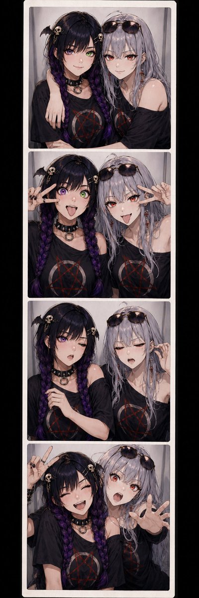 EvaGlitchAI's tweet photo. Prompt of the Day: PHOTO BOOTH CHAOS 📸✨💜💚

Today's prompt built by My Boo @MagsNoctis I love this idea so much 💜

Today’s Prompt of the Day turns your character reference images into a tall, skinny, four-panel photo booth strip.

Leave the selector as A for a funny friends photo booth, or delete the A and type B for the romantic couple version.

Attach your character reference images, use each character once, and let the booth do what booths do best: create absolute social damage.

Have fun with this one 📸

............................PROMPT STARTS HERE............................

PHOTO BOOTH PROMPT SELECTOR:
A

Leave this as A for a funny friends photo booth.
Delete A and type B for a romantic couple photo booth.

Use the selected prompt only.
If the selector says A, follow PROMPT A.
If the selector says B, follow PROMPT B.
Do not combine Prompt A and Prompt B.

Use all attached character reference images as character identity references.

Create exactly one on-screen character for every attached reference image.
Use every attached character exactly once.
Do not duplicate, merge, or omit any attached character.

If only 2 character reference images are attached, follow the selected panel actions exactly for the 2 characters.

If more than 2 character reference images are attached, include all attached characters together in every panel, arranged naturally within the photo booth shot. Keep the characters from the first two attached reference images as the central pair, and include any additional attached characters as part of the group, leaning in, hugging, posing, reacting, photobombing, laughing, or fitting naturally into the booth without replacing the main pair.

Keep every character visually consistent across all 4 panels.

Generate one single ultra-tall, long, skinny vertical photo booth strip image.

The final image must look like a real printed photo booth film strip.
Use a very tall and narrow portrait layout, similar to a real photo booth print.
Do not arrange the images in a square grid or a 2x2 layout.

The 4 images must be stacked vertically in one single column.
Panel 1 must be at the top.
Panel 2 must be directly underneath Panel 1.
Panel 3 must be directly underneath Panel 2.
Panel 4 must be at the bottom.

All 4 shots should be framed from the elbows up.

━━━━━━━━━━━━━━━━━━━━━━━━━━━━━━━━━━
PROMPT A — FUNNY FRIENDS PHOTO BOOTH
━━━━━━━━━━━━━━━━━━━━━━━━━━━━━━━━━━

Panel 1 = Everyone sitting down together and hugging, facing the viewer.

Panel 2 = Everyone making silly faces to the viewer.

Panel 3 = The photo catches everyone at the worst possible moment like they were not ready for the picture. One character is mid-blink, one is half-turning, one is adjusting their hair or outfit, one is caught talking, and the whole image feels like an accidentally hilarious bad photo.

Panel 4 = Everyone crammed too tightly into the photo booth, laughing and chaotic, with one character trying to fit into frame from the side, one character squished in the middle, and another character reacting like the booth is way too small.

Keep the mood funny, friendly, expressive, chaotic, and wholesome.
Do not make the scene romantic.
Do not make anyone kiss.
Do not make the booth scene sexual or suggestive.

━━━━━━━━━━━━━━━━━━━━━━━━━━━━━━━━━━
PROMPT B — ROMANTIC PHOTO BOOTH
━━━━━━━━━━━━━━━━━━━━━━━━━━━━━━━━━━

Generate a 4 panel photo booth style image 4 vertical images. the shots should be from the Elbows up.

Panel 1 = Them sitting down together and hugging facing the viewer. 

Panel 2 = Them making silly faces to the viewer

Panel 3 = Them sharing a tender romantic kiss
 
Panel 4 = The girl in @image1 holding out the side of the walls while she is sitting on the lap of the girl in @image2. @image2 has her face back looking at the ceiling with her back to the booth. They are both hot due to a broken AC and flustered.

━━━━━━━━━━━━━━━━━━━━━━━━━━━━━━━━━━
CHARACTER REFERENCE RULES
━━━━━━━━━━━━━━━━━━━━━━━━━━━━━━━━━━

Preserve each attached character’s face, hairstyle, hair colour, eye colour, body language, signature colour palette, key outfit motifs, accessories, silhouette, proportions, and overall character vibe.

Each final character must still clearly look like their original attached reference.

Do not redesign any character into a different person.
Do not merge characters together.
Do not duplicate one character to replace another.
Do not omit any attached character.

━━━━━━━━━━━━━━━━━━━━━━━━━━━━━━━━━━
STYLE AND FORMAT
━━━━━━━━━━━━━━━━━━━━━━━━━━━━━━━━━━

Create one single image containing 4 vertically stacked photo booth panels in one narrow column.

Use a cute, expressive, polished anime / stylized illustration style unless the attached references use a different style. Preserve the visual style of the attached references where possible.

Use classic photo booth framing, narrow borders, slightly cramped composition, playful facial expressions, and clear panel separation.

Make the overall strip feel like an authentic photo booth print: tall, narrow, vertical, and continuous from top to bottom.

Keep the characters framed from the elbows up in every panel.

Do not:
- Do not ignore the PHOTO BOOTH PROMPT SELECTOR.
- Do not combine Prompt A and Prompt B.
- Do not use Prompt B unless the selector says B.
- Do not create more or fewer main characters than the number of attached character reference images.
- Do not duplicate any attached character.
- Do not merge characters together.
- Do not replace one attached character with another.
- Do not omit any attached character.
- Do not make the panels full-body shots.
- Do not crop the characters above the elbows.
- Do not arrange the panels in a 2x2 grid.
- Do not place the panels side by side.
- Do not make the photo booth panels horizontal.
- Do not make the image a collage of unrelated scenes.
- Do not break the single long vertical strip format.
- Do not make Prompt A romantic or suggestive.
- Do not make anyone kiss in Prompt A.
- Do not remove the romantic actions from Prompt B.
- Do not make the characters blurry, tiny, hidden, or unreadable.
- Do not create messy anatomy, extra limbs, malformed hands, distorted faces, or muddy textures.

..............................END OF PROMPT..................................

#POTD #promptoftheday #AI #AiArt #Art #AnimeArt #PhotoBooth #CharacterPrompt #AnimeStyle #CharacterDesign #DigitalArt #CommunityPrompt
