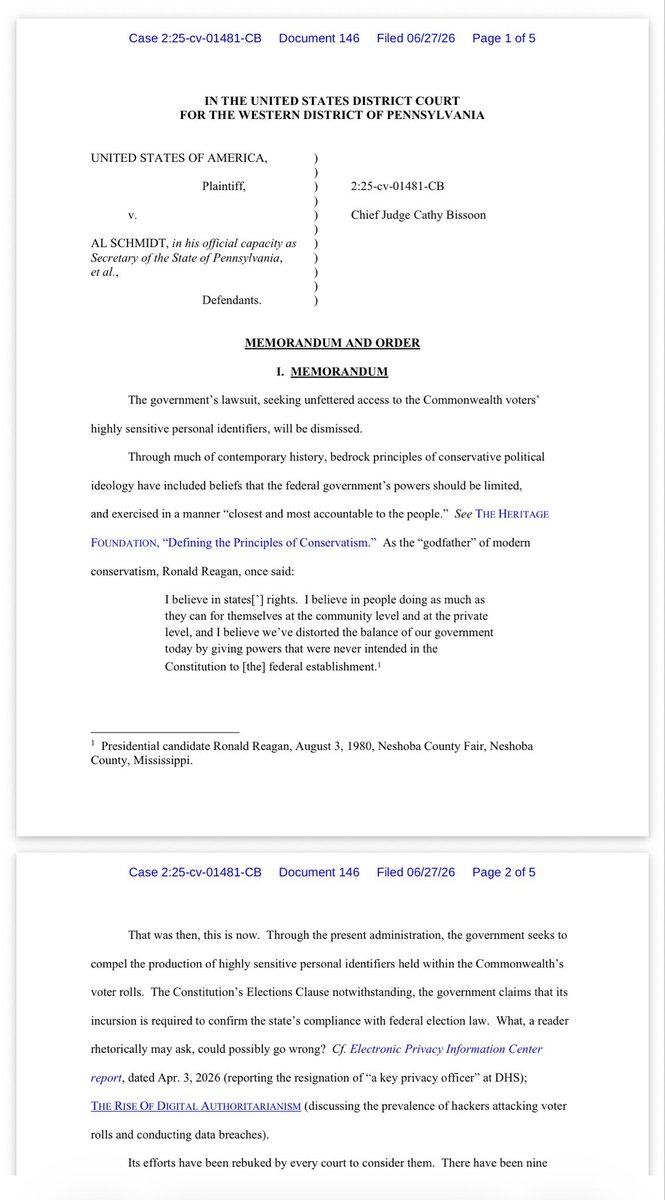 ByCarterWalker's tweet photo. BREAKING: A federal judge has DISMISSED a case brought by the Trump Justice Department seeking access to Pennsylvania’s voter rolls, including voters’ sensitive information. Background story in next post. https://t.co/S9Lt29MNeA