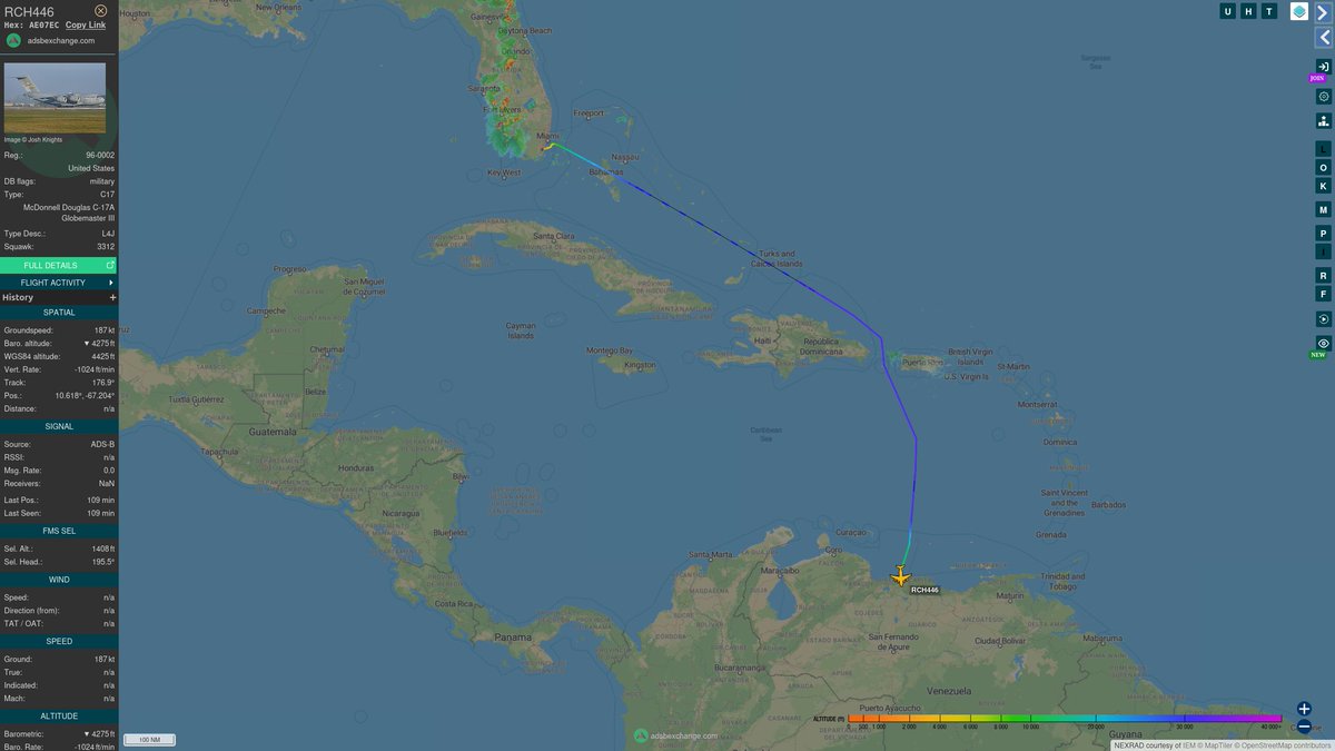 TheIntelFrog's tweet photo. @LatAmMilMVMTs US Air Force C-17A Globemaster III #AE07EC as RCH446 out of Homestead ARB, FL is arriving at Simon Bolivar IAP, Venezuela and is likely carrying FL TF-1.  This is the first USAF C-17 flight into this airport for the operation. 

22/ https://t.co/IGGugWbIhg