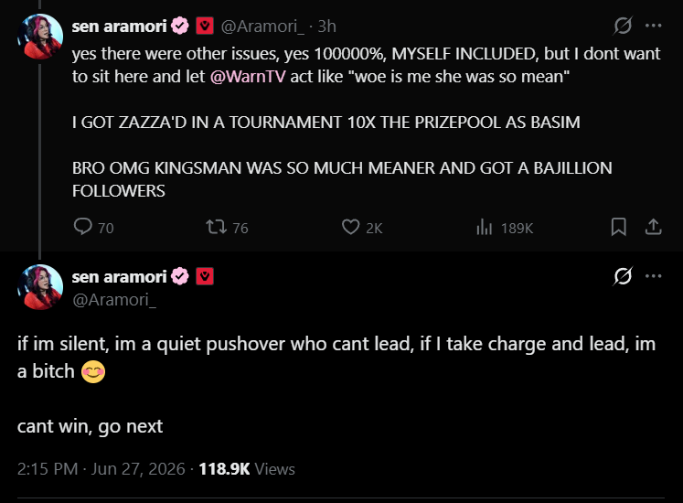 dawnmoer's tweet photo. Kingsman got a whole career out of the Zazza situation while Aramori is getting flamed for being rightfully upset. The double standard is very strong with this one lol https://t.co/zQDW8fIcvr