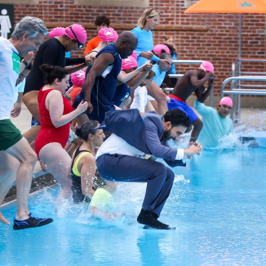InternetH0F's tweet photo. New York City Mayor Zohran Mamdani helped kick off the outdoor pool season for NYC by jumping into a pool with a full suit on https://t.co/qenpGzGbGD