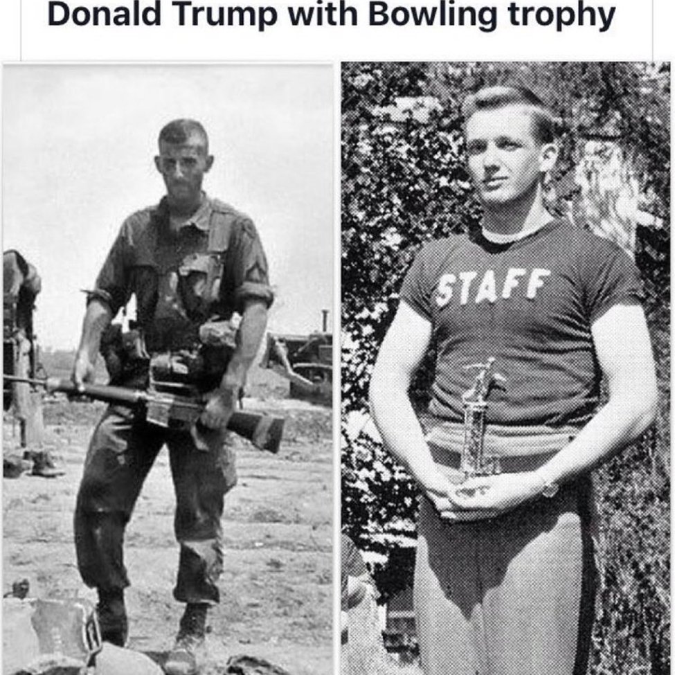 Hamiltonstears's tweet photo. @MaryLTrump This picture of Donald holding a bowling trophy while most of his peers where holding rifles in or on the way to Vietnam seems to be later. Do we have a date? https://t.co/bA6Wt3OLhj