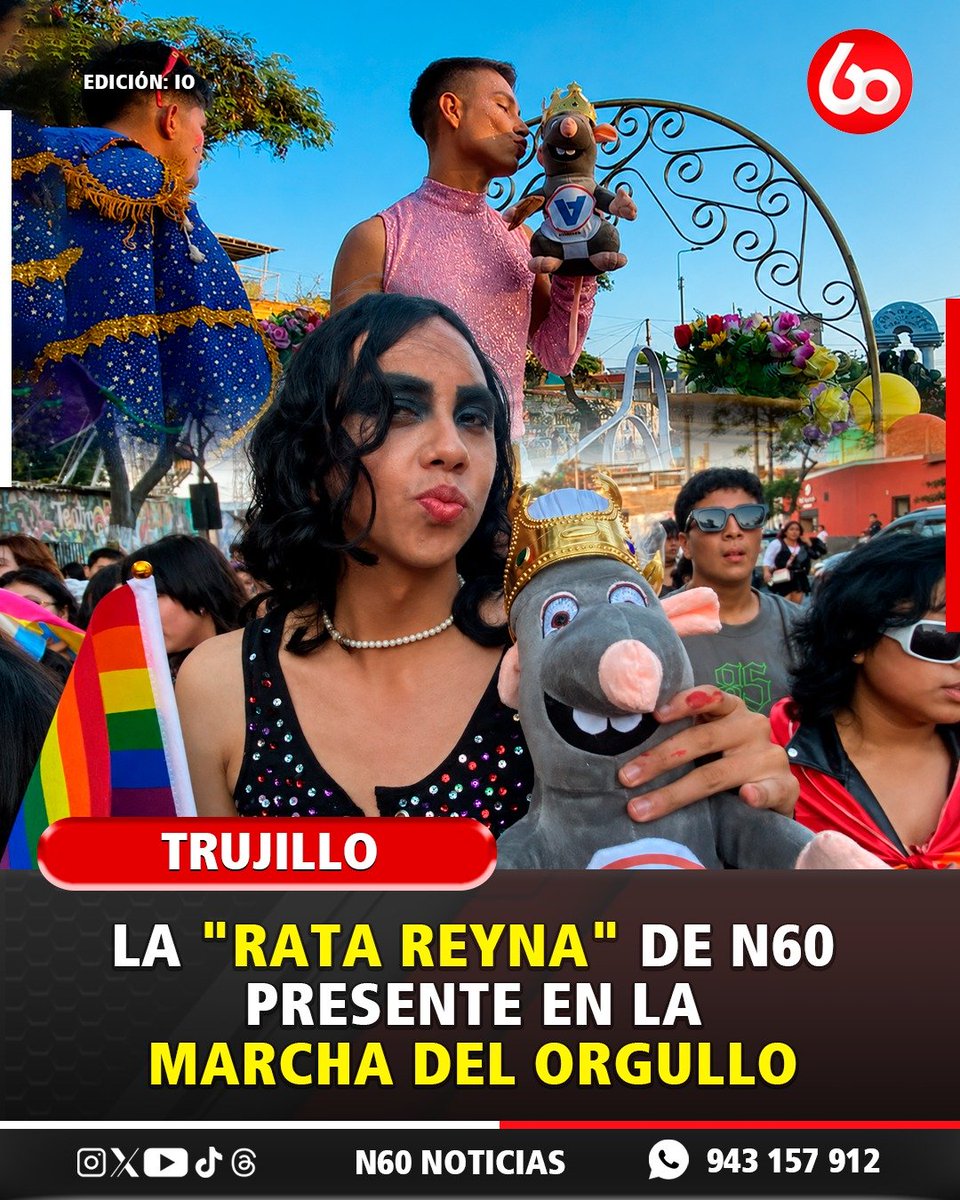 N60Noticias's tweet photo. 🎙#N60Noticias| LA "RATA REYNA" DEL ORGULLO|| El "co conductor" de "Catarsis Política" de #N60, la "Rata Reyna" dijo presente en la Marcha del Orgullo LGBTIQ+ en Trujillo. 🏳️🌈🏳️🌈 https://t.co/EkDGR1NUdA
