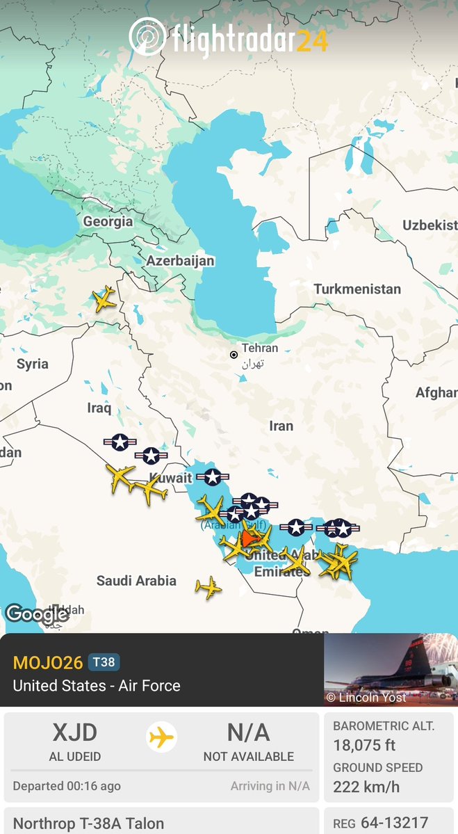 MenchOsint's tweet photo. Dozens of fighter jets accompanied by a dozen of tankers are active over the Persian Gulf and the Gulf of Oman. (T-38A is a miscoded KC-46 tanker)

They successfully escorted that lone Oil Tanker tonight.

Obviously, Iran will retaliate on US Bases, most likely tonight. https://t.co/udITpAGwhQ