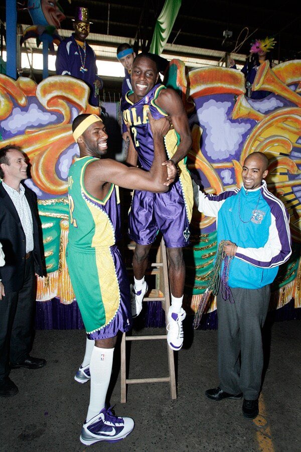 HoopGrids's tweet photo. New Orleans Hornets Mardi Gras uniform unveiling event!!! #OPENTHEVAULT https://t.co/U5Sgn5TlWo