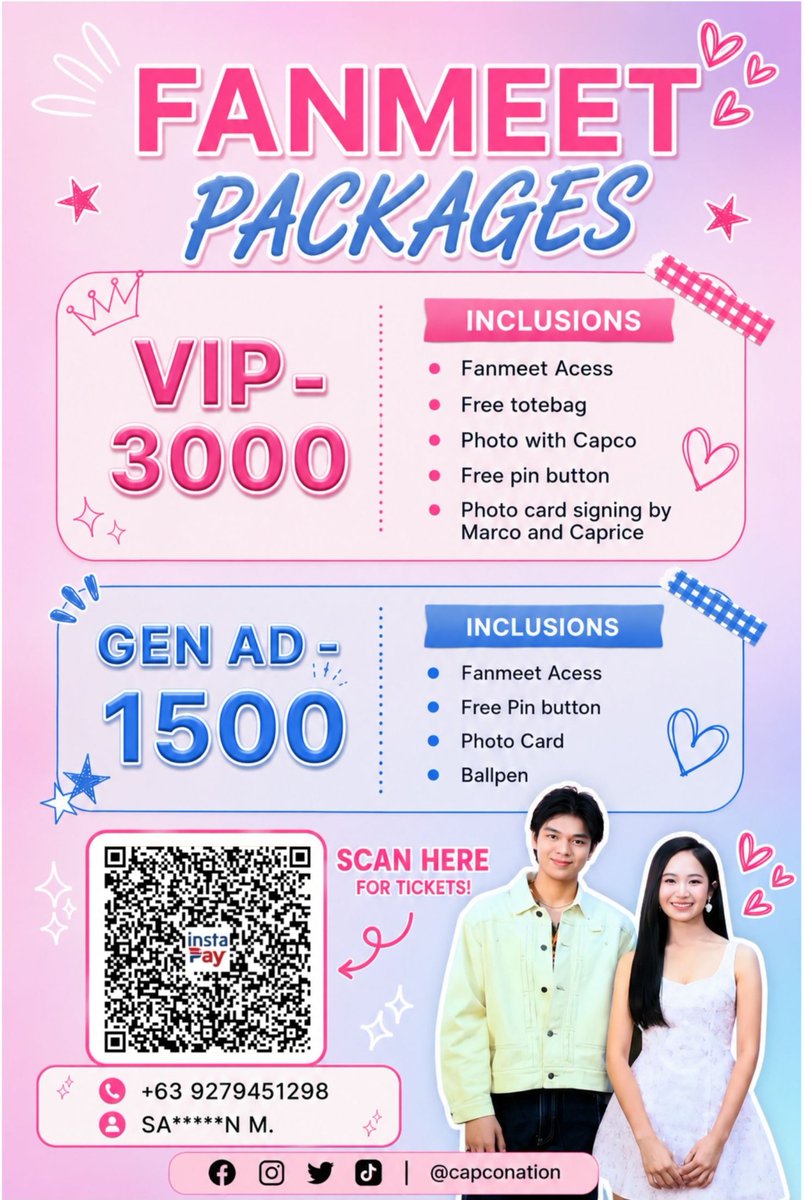 capconation's tweet photo. The wait is over—CapCo Fanmeet tickets are now available! 🌟🎫 

Don't miss your chance to meet CapCo and create unforgettable memories. Secure your tickets today!

📩 Message us for ticket inquiries.

See you at the fanmeet! 🩷🩵

#Capco https://t.co/9BkSNCdauR