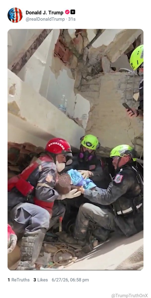 OrlvndoA's tweet photo. 🚨 | El video compartido por Donald Trump en su red social Truth:

El grupo de rescate de EEUU salva a un bebé atrapado entre los escombros. https://t.co/ojFxvNgMLv