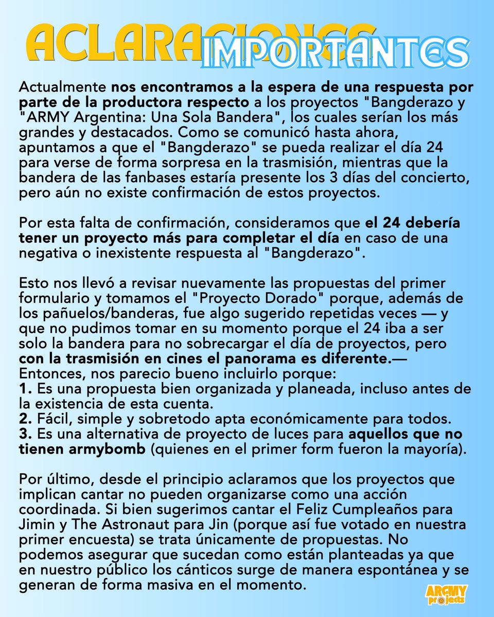 argmyprojects's tweet photo. ¡ARGMY!

Luego de evaluar sus sugerencias para mejorar los proyectos, les compartimos la ORGANIZACIÓN FINAL DE LOS PROYECTOS PARA BTS EN OCTUBRE, definida a partir de los resultados de las votaciones ✨

Es importante leer atentamente las aclaraciones de cada proyecto 🙏 https://t.co/sYenKKVHVH
