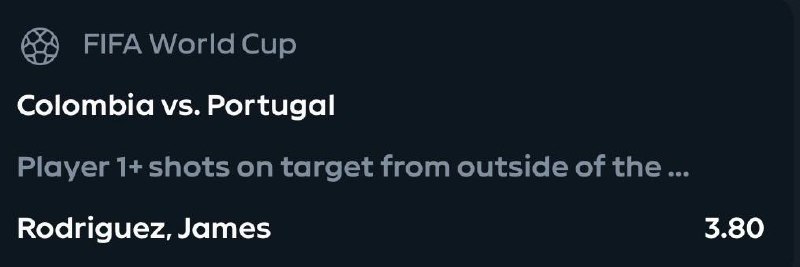 Gowlbets's tweet photo. World Cup 🏆

Colombia - Portugal 

James Rodriguez 1+ shots on target from outside of the box 🎯

Good luck🍀 https://t.co/WnFaXgFUrH