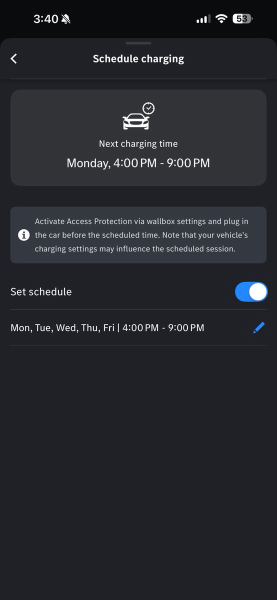 PotenDiff's tweet photo. @MercedesBenz Wallbox now supports scheduled charging. 

This can be now setup via Wallbox menu! This means you can use scheduled charging instead of charge pauses. 

All that remains is being able to add more schedules, current limit of 1 &amp; MB #EV support location based schedule https://t.co/qMihX0OPtU