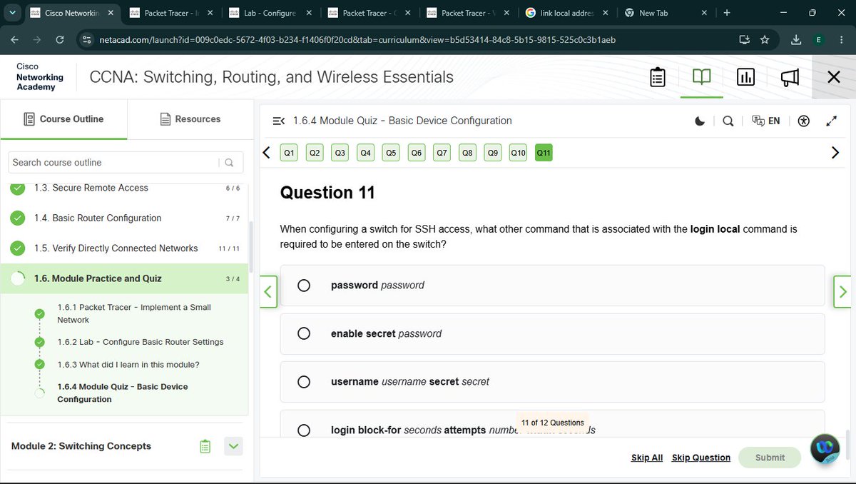 Eddy37925861102's tweet photo. Finished the first topic of Cisco CCNA SRWE! ✅

Covered secure remote access, router configuration, interface verification, IPv4/IPv6, and route verification.

Another step toward becoming a network engineer and cybersecurity professional. 👌

#CCNA #Cisco #Networking https://t.co/BMAmJeFZXi