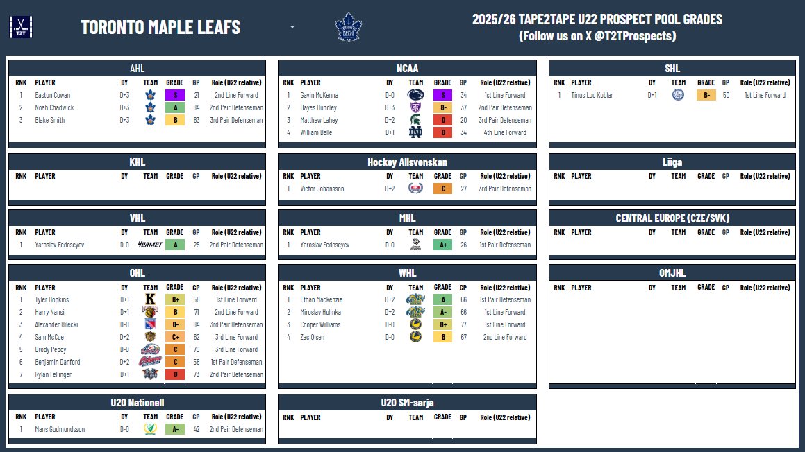 RyanMaScouting's tweet photo. 🚨 The updated @T2TProspects Pool graphic for #LeafsForever 🚨

The rest of these will be saved for later in the summer as we work on an exciting project 👀

I officially declare the cupboards FULL https://t.co/Mn8nxYlrS8