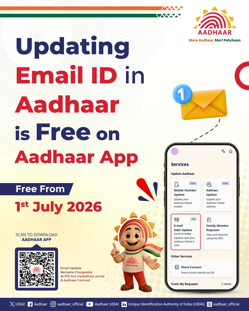 UIDAIRODelhi's tweet photo. Update your email address through Aadhaar App.
FREE from 1 July 2026. 

Download #AadhaarApp, today: https://t.co/nXqyQwgnnO…
 
#Aadhaar #UIDAI #EmailUpdate #FreeEmailUpdate https://t.co/pEBMNlmYeP