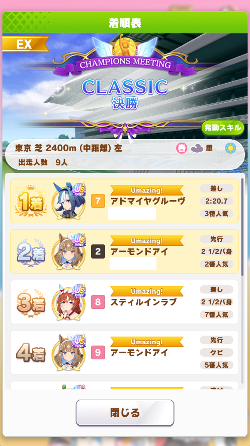 dodonpati's tweet photo. アイちゃんが出遅れてちょっと終わったかと思ったけど
終わってみたら大勝利だった

実は日本ダービーで勝つの初めてで
すっごい嬉しい
今まで日本ダービーチャンミでプラチナ取ったこと無かった
取れて良かった

#ウマ娘　#ゲームウマ娘 https://t.co/o8JB93CcnY
