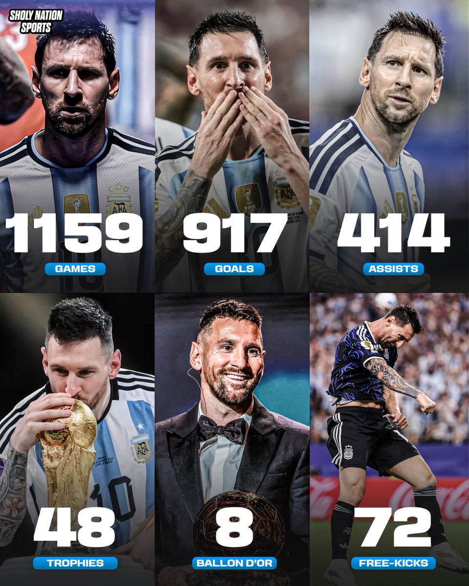Sholynationsp's tweet photo. 🇦🇷 Lionel Messi is one of a kind

👕 1159 games
⚽️ 917 goals
🎯 414 assists

GOAT! 🐐❤️ https://t.co/TEXjIMknGu