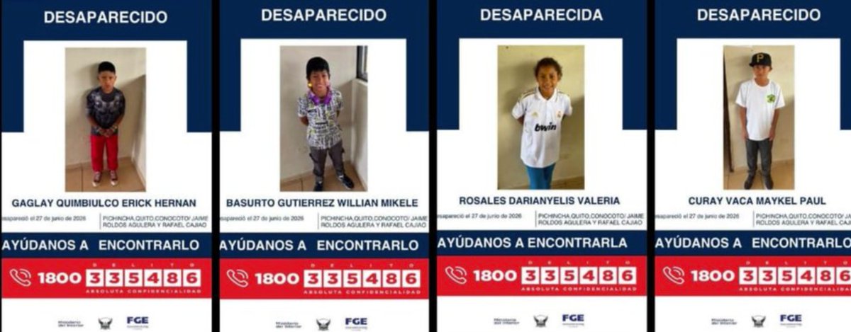 lahistoriaec's tweet photo. Búsqueda urgente. La Fiscalía emitió alerta por la desaparición de ocho niños ocurrida hoy en Conocoto. La Policía realiza las investigaciones. #Quito https://t.co/hVxqMzJRHP