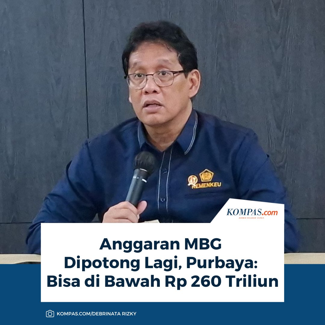 kompascom's tweet photo. Anggaran MBG Dipotong Lagi, Purbaya: Bisa di Bawah Rp 260 Triliun

Baca di: https://t.co/pxBfbz61Rr https://t.co/ueooQZaoex