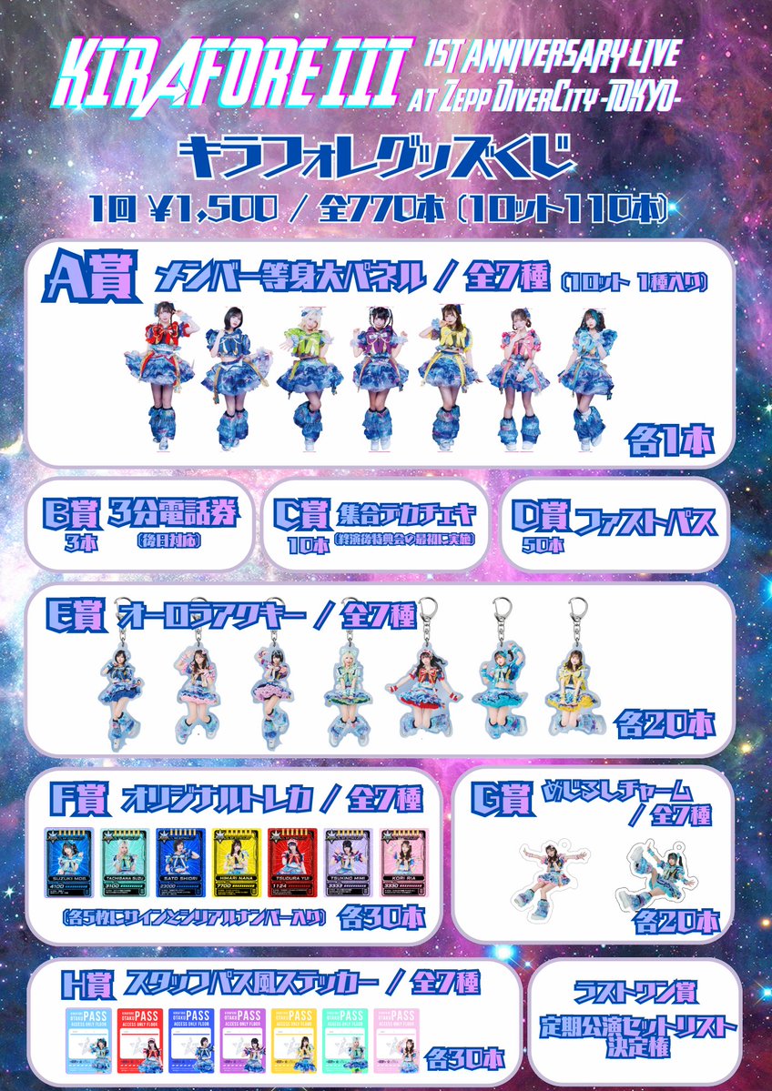 kirafore_info's tweet photo. 6/29(月) #キラフォレIII一周年ZeppDiver0629𖤐

＼🌟新グッズメニュー &amp; くじ公開🌟／

今回も可愛い新グッズ沢山✨
くじA賞 等身大パネルを持って帰るのは誰だ⁉️

⚠️注意事項もご一読ください⚠️ https://t.co/rNHyoZY5iw