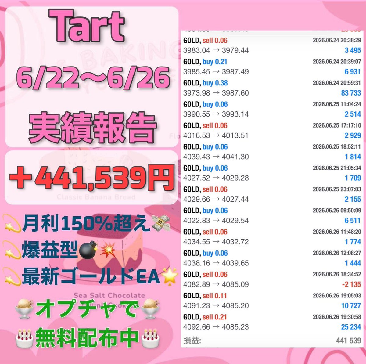 Eclairfxea's tweet photo. 6月26日収支

FX自動売買
🍰Tart🍰
＋441,539円(日利44.1%)

🧁爆益型
✅厳選エントリー即利確
✅東京時間だけで高利益
想定月利150%

無料EA受取オプチャ👇
https://t.co/3hrCiCDPbz
ad 
アフィリエイト iDeCo ポイ活 https://t.co/MNVv7R1BaM