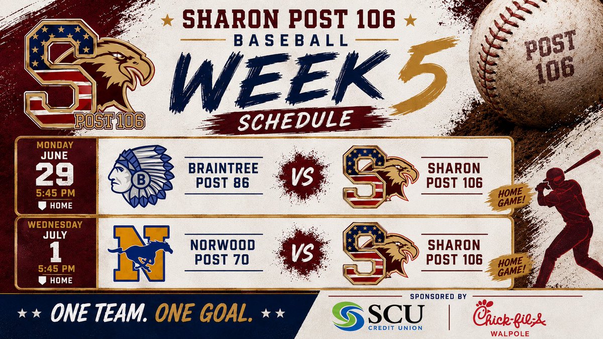 SharonLegionBB's tweet photo. ⚾️ Week 5 is here!

🏠 Mon. June 29 | 5:45 PM
🆚 @BtreePost86 

🏠 Wed. July 1 | 5:45 PM
🆚 @Norwood_Post70 

Both games are HOME at Sharon. Come out and support Post 106 as they continue the District 6 season!

Thank you to our sponsors, SCU Credit Union and Chick-fil-A Walpole! https://t.co/G3REPf2gJx