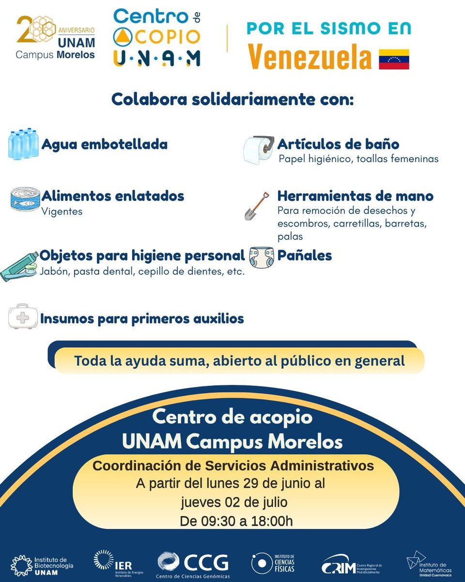 unammorelos's tweet photo. Invitamos a toda la comunidad universitaria y al público en general,a sumarse con ayuda humanitaria para los damnificados de los recientes sismos en Venezuela 

https://t.co/7rBJjiaqFt https://t.co/hPIJhP8MF0