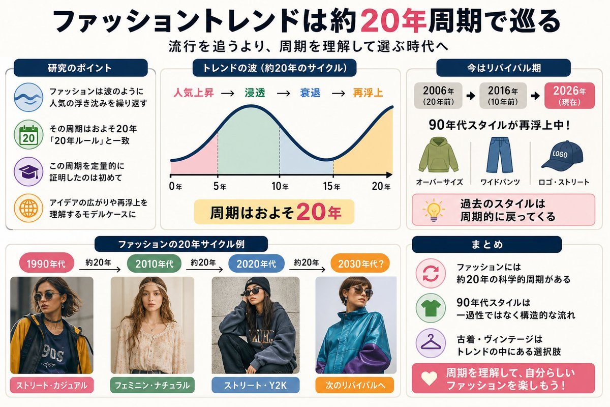 kenbiolab's tweet photo. 「流行を追うほど損をする」かもしれない——ファッションには数学的な法則があるという研究が話題です。

プリンストン大学とノースウェスタン大学の研究チームが、1869年以降の女性服を写した3万5000点超の画像を分析。スカート丈・ネックライン・ウエストラインなどの物理的特徴を数値化し、独自の数学モデルで150年以上のトレンド変遷を追跡しました。

📊 研究で分かった主なポイント：

▶ ファッションのスタイルは「波」のように振る舞い、人気→浸透→衰退→再浮上のサイクルを繰り返す
▶ その周期はおよそ20年。業界で経験則として語られてきた「20年ルール」と、データがほぼ完全に一致した
▶ これを定量的に証明したのは今回が初めてだと、論文著者のエマ・ザイドラ氏（プリンストン大学・応用数学）が述べている
▶ この発見は単なるファッションの話にとどまらず、「社会の中でアイデアがどう広がり再浮上するか」を理解するモデルケースになると研究チームは考えている

💡 ここから見えてくること：

2026年の今、20年前は2006年。そしてさらに注目すべきは、90年代スタイルのリバイバルがここ数年ずっと続いていることです。オーバーサイズのシルエット、ワイドパンツ、ストリート感のあるロゴ使いなど、90年代の空気感を取り入れたアイテムが街中にあふれています。

この研究が示しているのは、「今の流行は気まぐれではなく、過去のスタイルが周期的に戻ってきている」ということ。つまり、古着やヴィンテージアイテムは単なるノスタルジーではなく、トレンドの構造そのものに組み込まれた選択肢だということです。

調べれば調べるほど、日常の選択が自分のスタイルに影響していると実感します。流行を「追いかける」のではなく、周期を「理解して選ぶ」という視点を持つだけで、ファッションの楽しみ方が変わるんじゃないかと思います 🤔

✅ まとめ：ファッショントレンドには約20年の科学的周期がある。今まさにリバイバル期にある90年代スタイルは、一過性のブームではなく構造的な流れの中にある。だからこそ、本物の90年代古着を手に取ってみるのは理にかなった選択かもしれません。

気になった方はぜひチェックしてみてください。リンクからのお買い物が情報発信の励みになります 🙏

①【レトロ 古着 90年代】
💰 価格はアイテムにより異なります
90年代テイストの古着・ヴィンテージアイテムをまとめてチェックできます
🛒Amazon
🔗 https://t.co/zkdUaH2n91
🛒楽天
🔗 https://t.co/rjkTbAyOtP
#ファッション #90年代古着