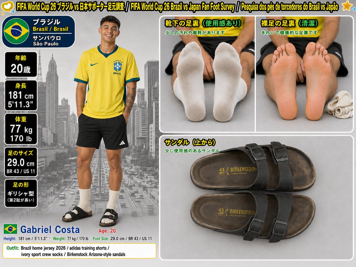 DAZ_daisuke's tweet photo. FIFA World Cup 26 ブラジル vs 日本
サポーター足元調査 ⚔️
Qual lado tem os pés mais bonitos? Vote abaixo!
▼下のポールで投票してください▼

両国のサポーターに協力してもらいました！

🇧🇷 Brasil
・リオデジャネイロ：Lucas Oliveira（20歳）
・サンパウロ：Gabriel Costa（20歳）

🇯🇵 Japan
・大阪：Yuto Tanaka（20歳）
・東京：Haruto Sato（20歳）

代表ユニフォームを着た日の足元を徹底公開！

ブラジル vs 日本、どっちの足元が好き？
 #日本代表 #OrdemDoCaos #WC2026