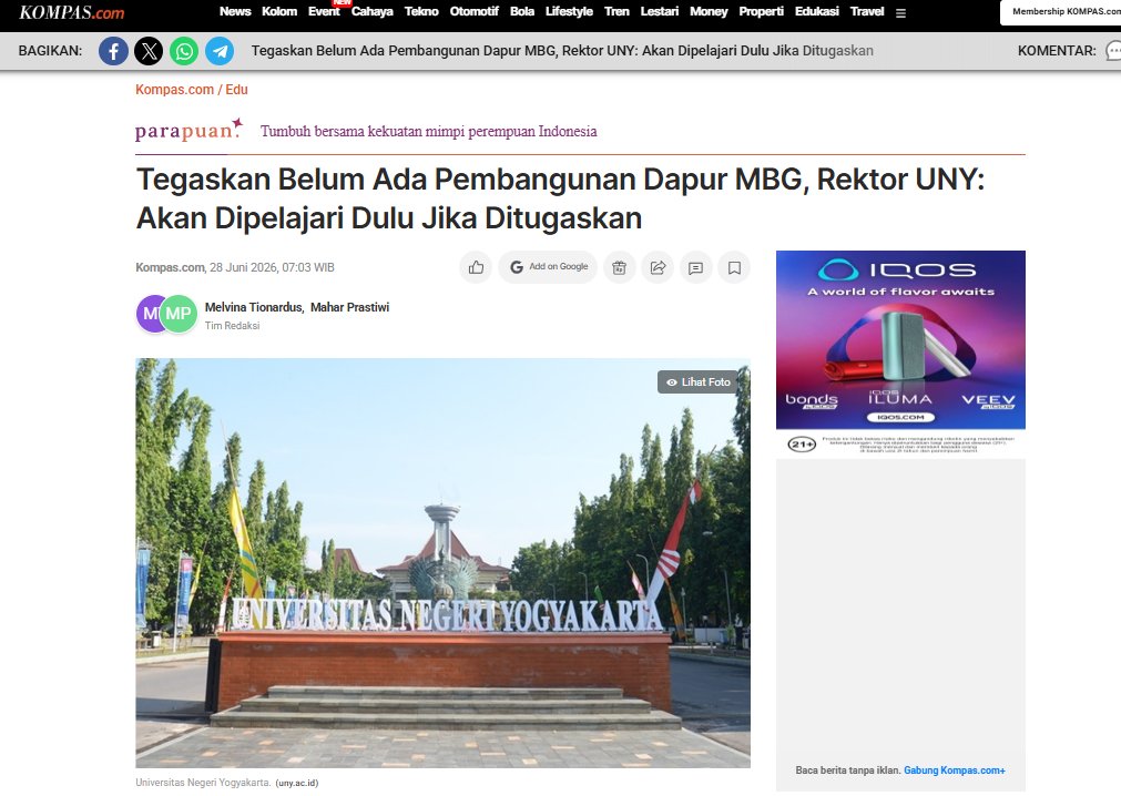 dimarsasongko98's tweet photo. Rektor UNY bilang "siap terima SPPG" di kampus.

Mahasiswa langsung demo. Spanduknya berbunyi:

"Kampus tempat memasak pikiran, bukan tempat memasak MBG."

Respons Wakil Rektor?

"Kotor. Mengotori lantai, mengotori pandangan."

Sementara itu di Cilacap , 100 titik SPPG resmi terdaftar di sistem BGN. Setelah dicek tim investigasi:tidak ada bangunannya.
Lokasinya: sawah. Hutan. Kuburan.

Sekarang sedang didalami Kejagung.

Jadi yang beneran kotor itu , spanduk mahasiswanya, atau sistemnya?