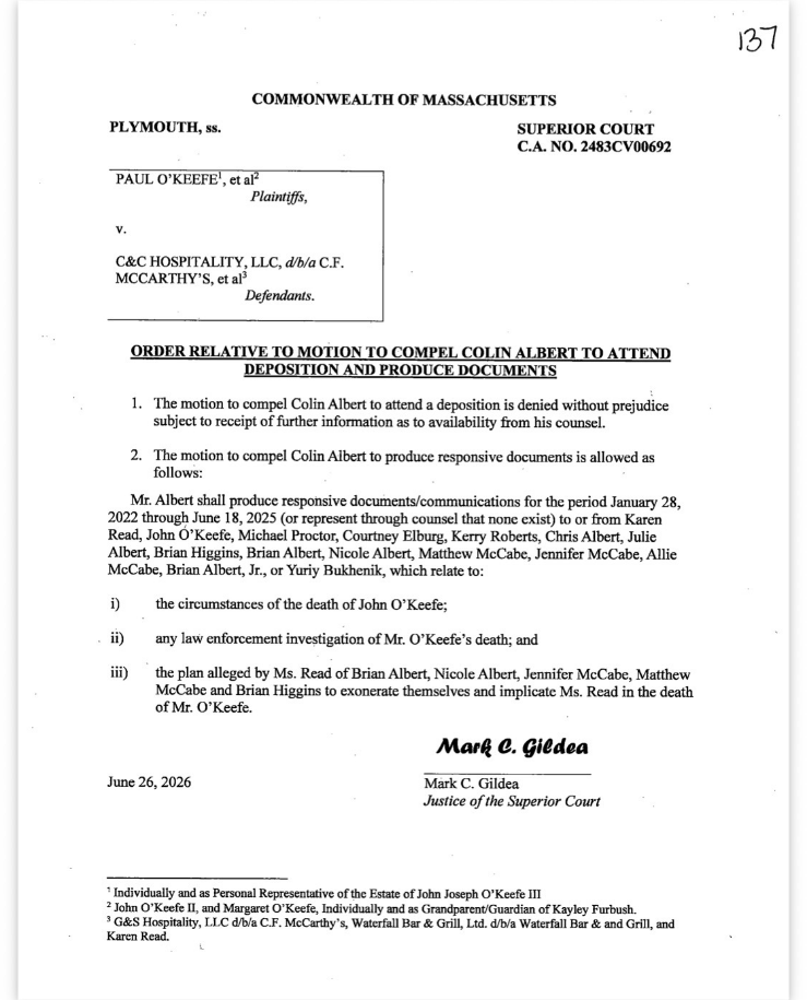 little_foot777's tweet photo. As to the Motion to Compel, the judge has ruled that Colin Albert is to turn over 3 YEARS of communications (emails/texts, etc) from 1/28/22- 6/18/25 between Colin Albert and: 
🔺Michael Proctor 
🔺Courtney Proctor
🔺 Kerry Roberts
🔺Chris Albert
🔺 Julie Albert
🔺Brian Higgins
🔺Brian Albert
🔺Nicole Albert
🔺Matthew McCabe
🔺Jennifer McCabe
🔺Allie MCabe
🔺Brian Albert Jr.
🔺Yuriy Bukhenik

All relating to Karen Read and John O'Keefe and the death of JO, the circumstances surrounding the death of John O'Keefe, and the cover up of his death between him and all of these people. He has denied (FOR NOW) the Motion to Compel his deposition pending the info about when he will be available by his attorneys. This DOES NOT mean he will NEVER have to sit for a deposition, so please don't get that twisted, antis, because that is A LIE. 

You got Tully not wanting to sit for a depo, Proctor not wanting to do his but when he does finally, having panic attacks during his depo, Colin Albert joining the military to get out of his depo, and ALL of the McAlberts postponing theirs until the end of July. Then you've got the Town of Canton/MSP not wanting to hand over documents and communications regarding the Karen Read case. WHY all the delay or refusal? If these are all just "innocent witnesses" and "just the cops who handled the case" why are they behaving this way? Gosh, I wonder....

#FKR #FreeTurtleboy #MSP #Canton #KarenReadCivil 

Credit: @KyleSharkey8