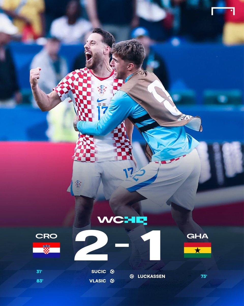 goal's tweet photo. Croatia advanced to the knockout stage with a win against Ghana. Despite losing, the Black Stars also went through along with Croatia and England 😎👌 https://t.co/VIK6Idf8kQ