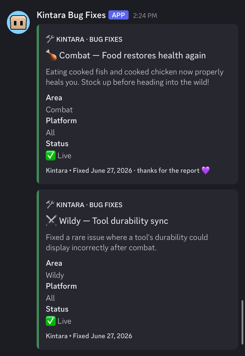 MartinezOnChain's tweet photo. BUG FIX: Kintara announce that food once again restores health and fixed tool durability sync

“Eating cooked fish and cooked chicken now properly heals you. Stock up before heading into the wild!”

“Fixed a rare issue where a tool's durability could display incorrectly after combat.”

Keep saying Kintara isn’t a real game.