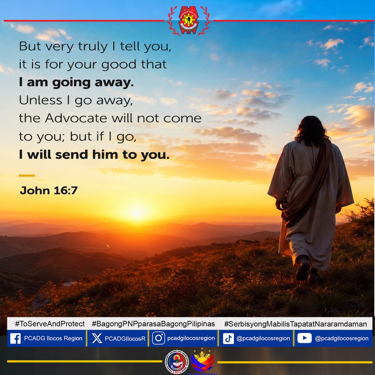 PCADGIlocosR's tweet photo. Bible Verse

But very truly I tell you, it is for your good that I am going away. Unless I go away, the Advocate will not come to you; but if I go, I will send him to you.
John 16:7

DISCLAIMER: CTTO of the photos, videos &amp; optics. No copyright infringement
#PCADGTagapagUgnay https://t.co/kInpimW5rH