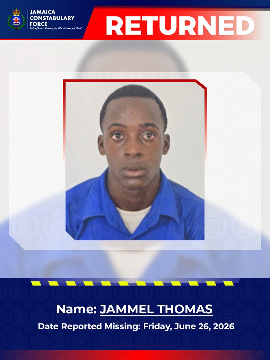 JamaicaConstab's tweet photo. Sixteen-year-old Jammel Thomas, of Shade District, St Catherine, who has been missing since Friday, June 26, has returned home.
 
He is said to be in good health. https://t.co/Ys9J762VH5
