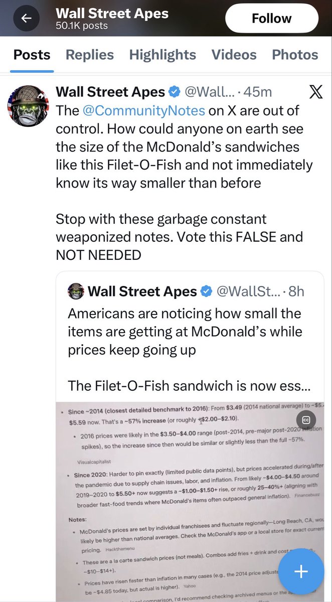 McFranchisee's tweet photo. Here's what's funny: @WallStreetApes posts falsehoods about McD’s and has now blocked me because I get him community noted, which affects his payouts.

So please feel free to vote yes on the community notes and continue making sure he only posts correct information.

It makes you think, what type of a person purposely posts false information and when you correct the narrative, you get silenced? Isn’t the truth what people want? That is super weird, especially since they have never responded to any of my comments.  Weird.