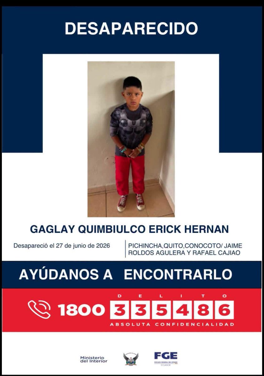 radio_pichincha's tweet photo. 🔴 #ATENCIÓN | Ocho menores de edad fueron reportados como desaparecidos este sábado 27 de junio en el sector Jaime Roldós Aguilera y Rafael Cajiao, en #Conocoto, al sureste de #Quito. Si tienes información que ayude a localizarlos, comunícate al 1800 335486.
#LaRadioDeLasNoticias