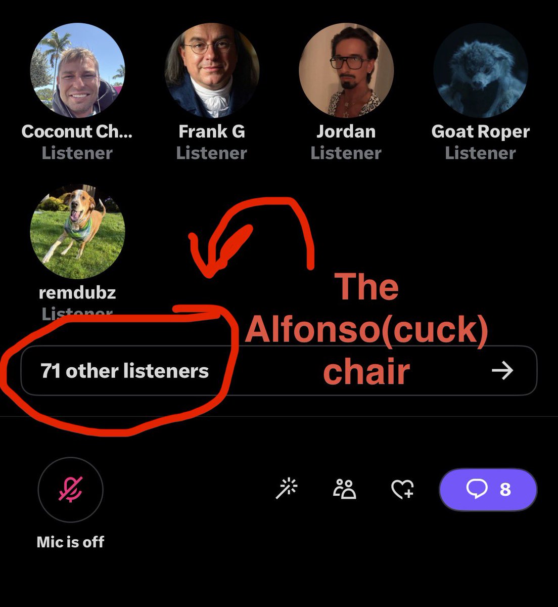 JesterBustX's tweet photo. @ObservingTheFed This guy Alfonso is sitting in the cuck chair https://t.co/uSQ7Bgmt8r