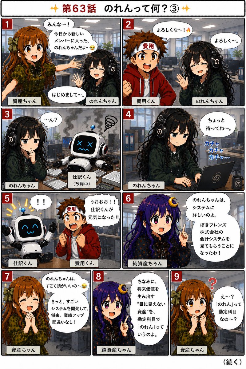 Copetenx's tweet photo. 【第63話】のれんって何？③ 🌱
➖全5話（3/5）➖

・売上0円。
・赤字続き。
・従業員0人。
・債務超過。

という「のれん株式会社」
を買った資産ちゃん😳

でも実は――

のれんちゃんには、

💻システムの知識
🔧技術力
📚ノウハウ

といった、
ぼきフレンズメンバーにはない
「将来の価値を生み出す力」がありました✨

簿記の世界では、
こうした目に見えない価値を
『のれん』という資産として考えます。

では、どうやって『のれん』を計算するのでしょう？

（続く）

#簿記 #会計 #経理