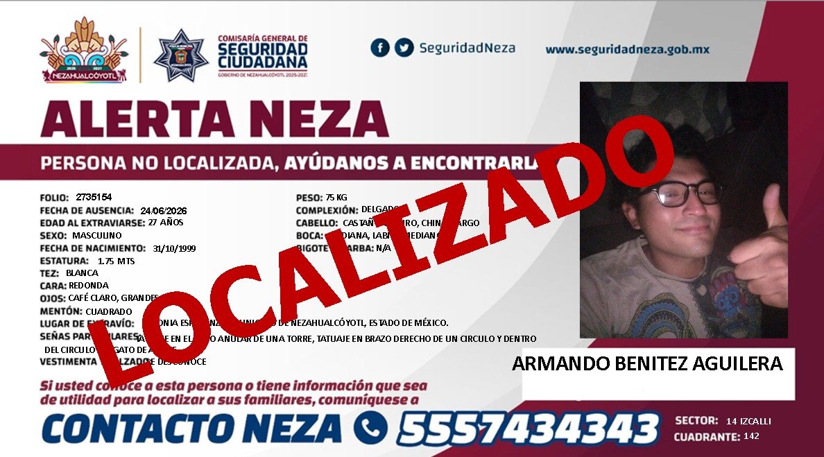 AlertaNeza's tweet photo. ☑️ #AlertaNeza | Agradecemos tu colaboración. #Armando Benitez Aguilera, ya fue localizado. https://t.co/RZ6e0D6tLW