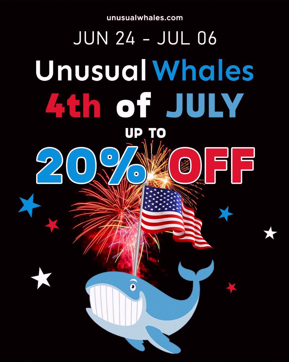 Univer69's tweet photo. Unusual Whales is running a July 4th sale 🎆

Save up to 20%.

We built tools to help you get through this market.

Jump in here: https://t.co/xiaqWY7QRs https://t.co/xyDy6Krj01