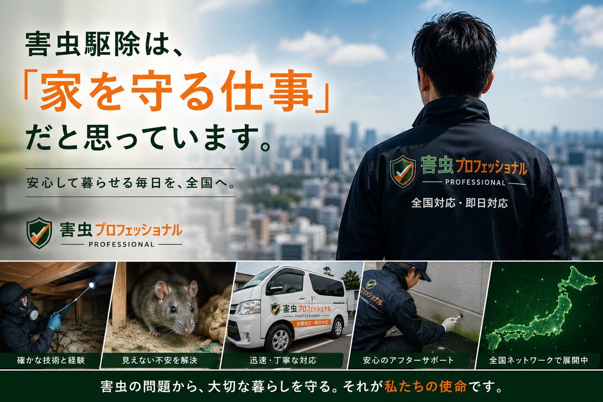 TOMOSES06's tweet photo. 害虫駆除の現場で培った知識や、業者選びで失敗しないポイントを発信していきます。

「害虫駆除＝虫を駆除する仕事」ではなく、「安心して暮らせる環境をつくる仕事」。

ゴキブリ・ネズミ・シロアリなどの情報や、MEO・AI活用についても発信していきます。

#害虫駆除 #MEO #経営者 https://t.co/IFvYrrTtBb