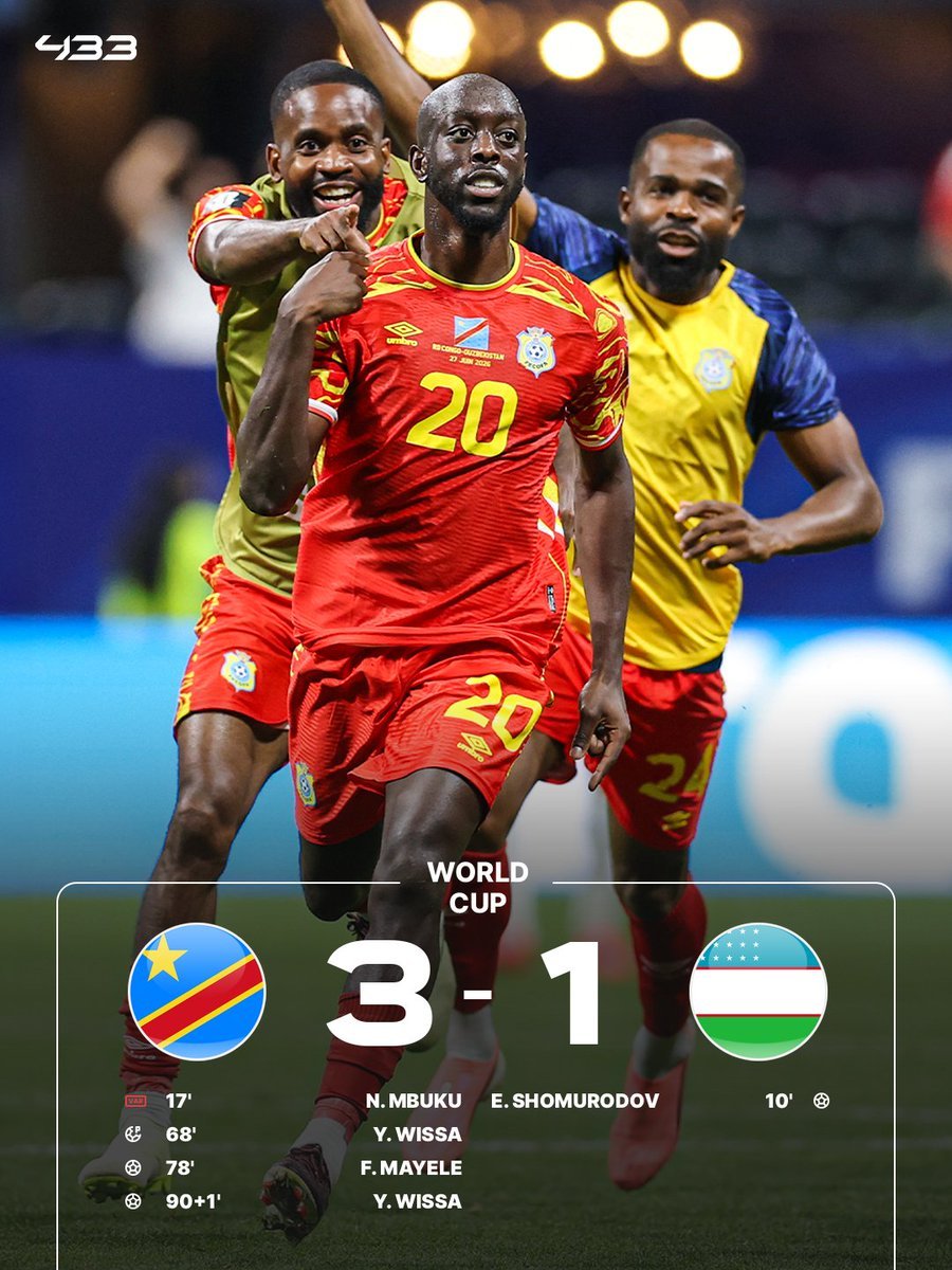 Sham3p8p's tweet photo. 🇨🇩 コンゴ民主共和国 3-1 🇺🇿 ウズベキスタン

マイェレ＆ウィサ（2ゴール）の活躍で逆転勝利！！🔥
GS突破へ大きな3ポイント獲得！

#コンゴ民主共和国 #WorldCup2026 https://t.co/iFe35J6e3P
