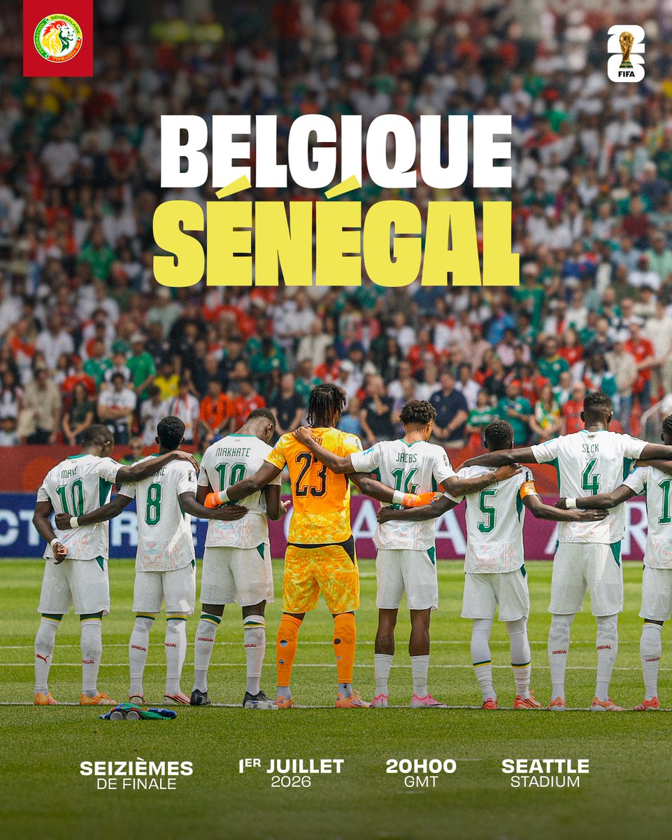 GaindeYi's tweet photo. Le Sénégal affrontera la Belgique en seizièmes de finale de la Coupe du Monde 2026. Rendez-vous ce mercredi 1er juillet au Seattle Stadium. #FIFAWC2026 https://t.co/kl66aGPMBa