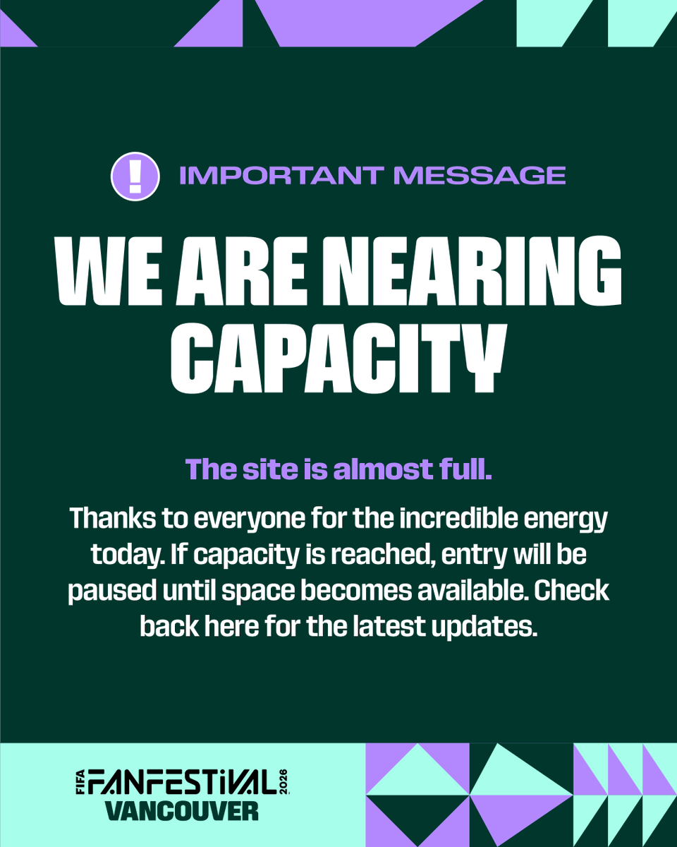 FWC26Vancouver's tweet photo. CAPACITY UPDATE 🚨
 
The energy today is off the charts! We are fast approaching maximum capacity at the #FIFAFanFestival Vancouver!🔥
 
Once we hit our limit, we will be moving to a one-in, one-out system at the gates. Thank you for your patience! See you soon! 🫶
 
#WeAreVancouver #WeAre26