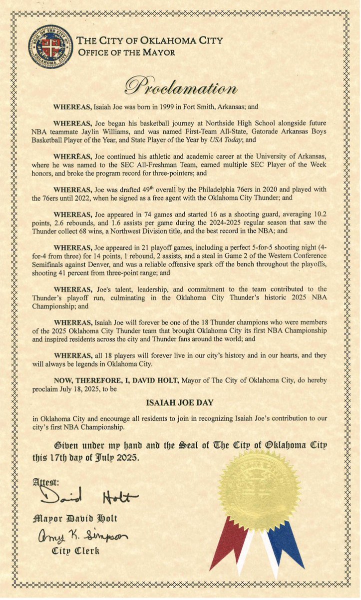 davidfholt's tweet photo. With the reported departures of Thunder champions Aaron Wiggins and Isaiah Joe, it is most fitting to honor their legacy in Oklahoma City.  These two gentlemen were key contributors to our 2025 NBA championship, our city’s first championship in a major league professional sport.  Aaron and Isaiah will therefore always be a part of OKC’s history.  On behalf of the people of Oklahoma City, we thank Aaron and Isaiah and we wish them all the best in their next chapter.  I’ve included below the 2025 proclamations for “Aaron Wiggins Day” and “Isaiah Joe Day,” each of which provides a recap of their legacy.