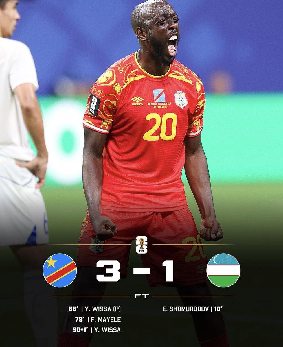 9jaeye_'s tweet photo. 👁️HISTORY MADE! 🇨🇩

DR Congo defeat Uzbekistan to book their place in the FIFA World Cup Round of 32 for the first time. 

A landmark achievement for Congolese football. 🌍👏
#9jaeye #FIFAWORLDCUP #usa https://t.co/2Gacb5zUl1