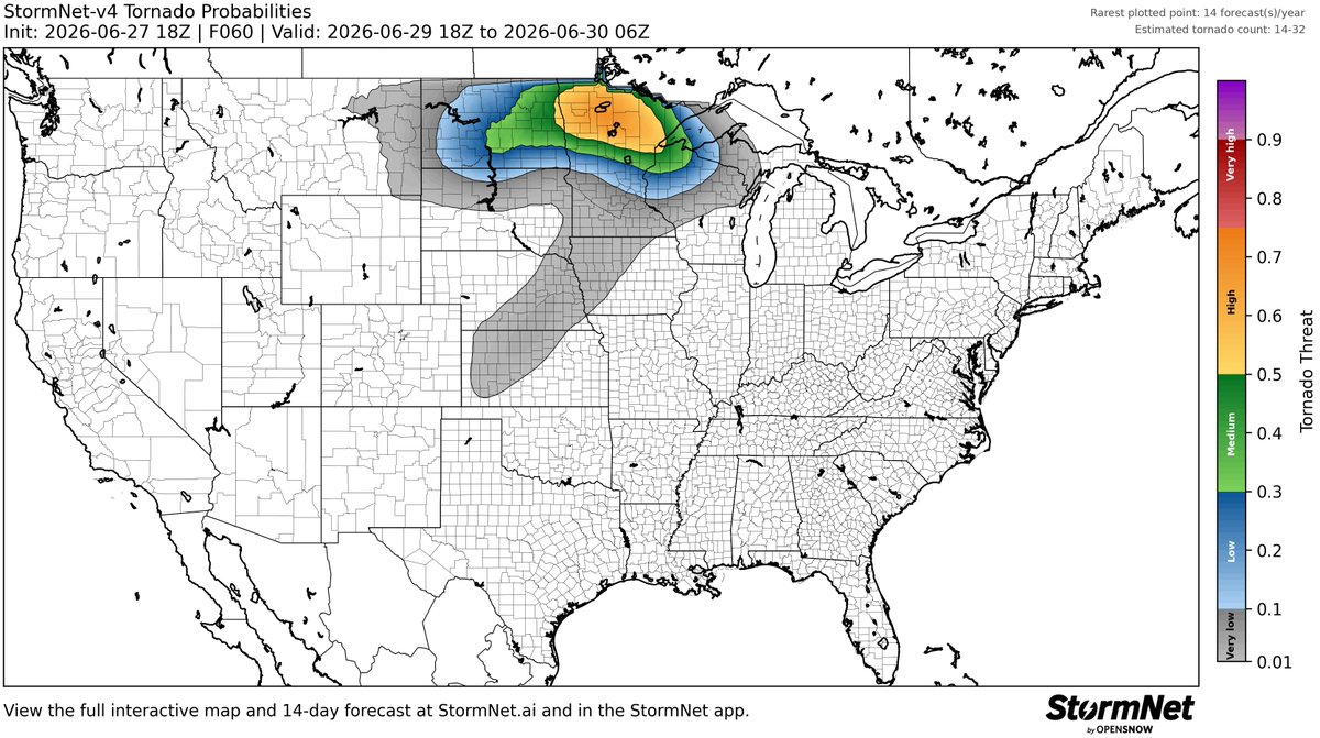 StormNetWx's tweet photo. Elevated threat of tornadoes detected for Monday, June 29th, 2026.

See attached map for details.

This forecast initialized on Saturday afternoon. Follow for future forecast updates. https://t.co/XrdKhUGH9U