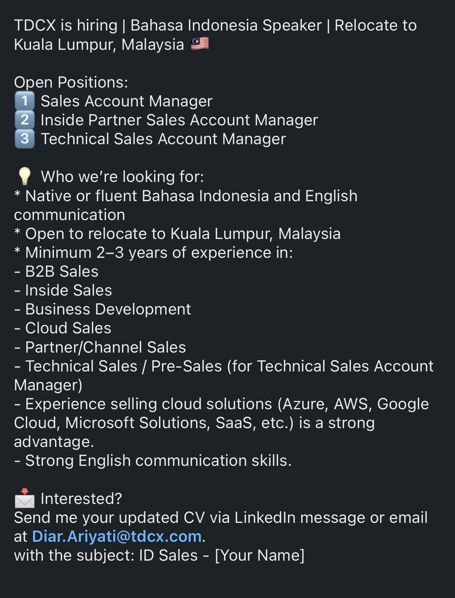 Applyajadulu's tweet photo. 🚨HIRING
BAHASA INDONESIA SPEAKER
Ada 3 posisi yang buka 
✅Sales Account Manager
✅Inside Partner Sales Account Manager
✅Technical Sales Account Manager
📍Kuala Lumpur
Lowker ini menyediakan VISA KERJA untuk Orang Indonesia.

Jangan jiper/takut melamar pas dengar kata ‘manager’ 
Kenapa? ⤵️⤵️￼