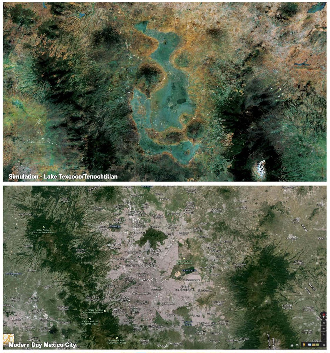 Majora__Z's tweet photo. I do posts on Aztec history: While most of this info is accurate, the images aren't due to being AI

Here are aerial reconstructions by an actual human artist (the late Tomas Filsinger)

Also, some clarifications & corrections:

- The valley had hundreds of other cities, towns and villages, it was more then just Tenochtitlan and Tlacopan. To be specific, there were about 50 other major cities, and a few hundred other towns and villages, with a common valley-wide population of 1 to 1.5 million people (though some go higher or lower). I'll post some images showing this in a follow up reply

- While 200,000 denizens for Tenochtitlan-Tlatelolco (Tlatelolco was technically a separate city but the two fused into each other, so they were effectively one urban center at the time of Spanish contact, the latter becoming the former's 5th city quadrant more or less) is the most common modern population estimate, 300,000 is maybe a bit high, tho some researchers have gone that high. Conversely, some propose lower figures, such as 100,000 or even ~50,000. Mind you, 50,000 would still make it slightly larger then the largest cities in Castillian Spain at the time.

This: https://t.co/3xadTLjBHb and the various replies branching off within that comment chain are a good overview of population estimates for the city

- I have read inconsistent and contradictory things about the agricultural yield and efficiency of chinampas. Some papers seem to describe them as far more productive then normal farms, yielding 7 harvests a year, while others assert they were probably only used to produce specialty homegrown crops and herbs for local families and that staple crops and the bulk of foodstuffs were grown elsewhere. I'm not really clear on what to believe here yet

- The siege of Tenochtitlan was actually mostly done by armies from other local city-states and kingdoms, Conquistadors made up less then 1% of the troops involved, most likely. Additionally, local kings and officials were calling the shots as much as Cortes in some cases, who were using him as much as he was using them. See: https://t.co/5pk6yG58E9 for details

- To be clear, there's more art from Tomas Filsinger then these 4 I can post, these are just 4 of the ones I picked

Also see for posts I've done about the Aztec and other Mesoamerican civilizations, I have a directory of (some of, some recent ones like https://t.co/RBtP3rp9V8 aren't include) them listed here: https://t.co/ACd2pY7nPS