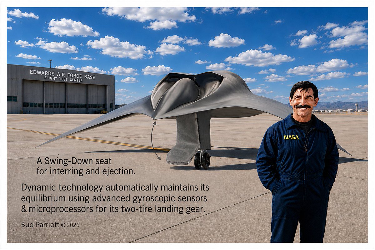 THERKTMAN's tweet photo. @NGCNews @usairforce Advanced Technology at Edwards (AFB)
I'm ready to rock n roll in this new craft at Edwards. 
From your Imagineering friend, Bud aka: RktMan https://t.co/bp0EfPwaIE